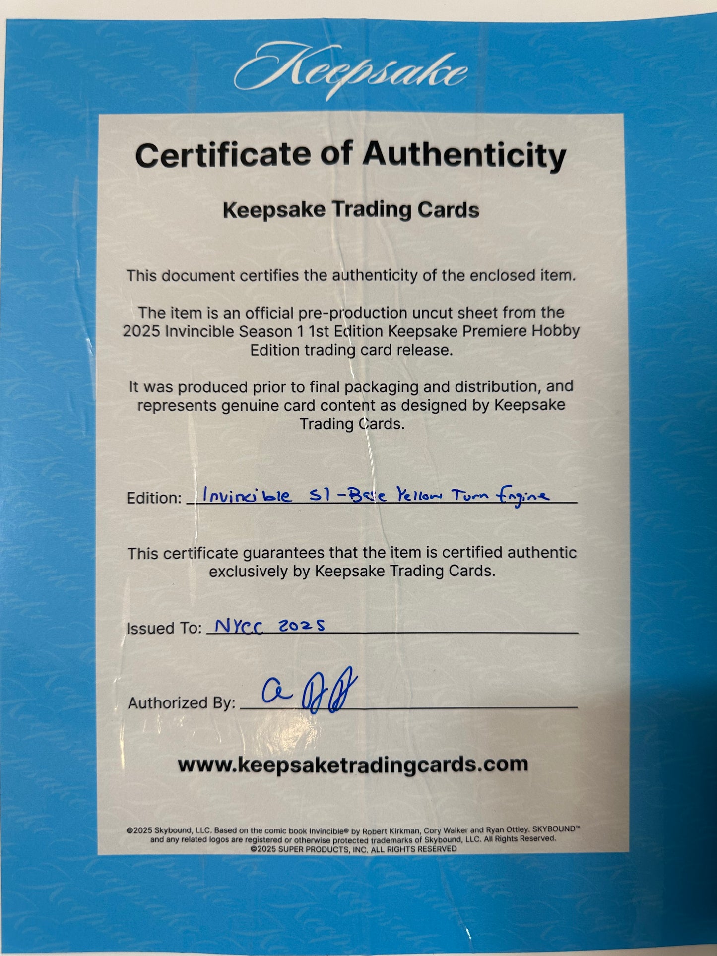 Invincible Gold Swirl 1/1 Uncut Sheet With COA